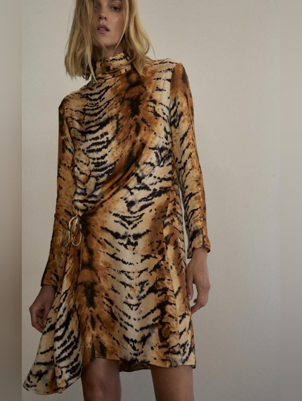ZARA Animla-Print Long Sleeve  Dress in Brown NWOT Size L